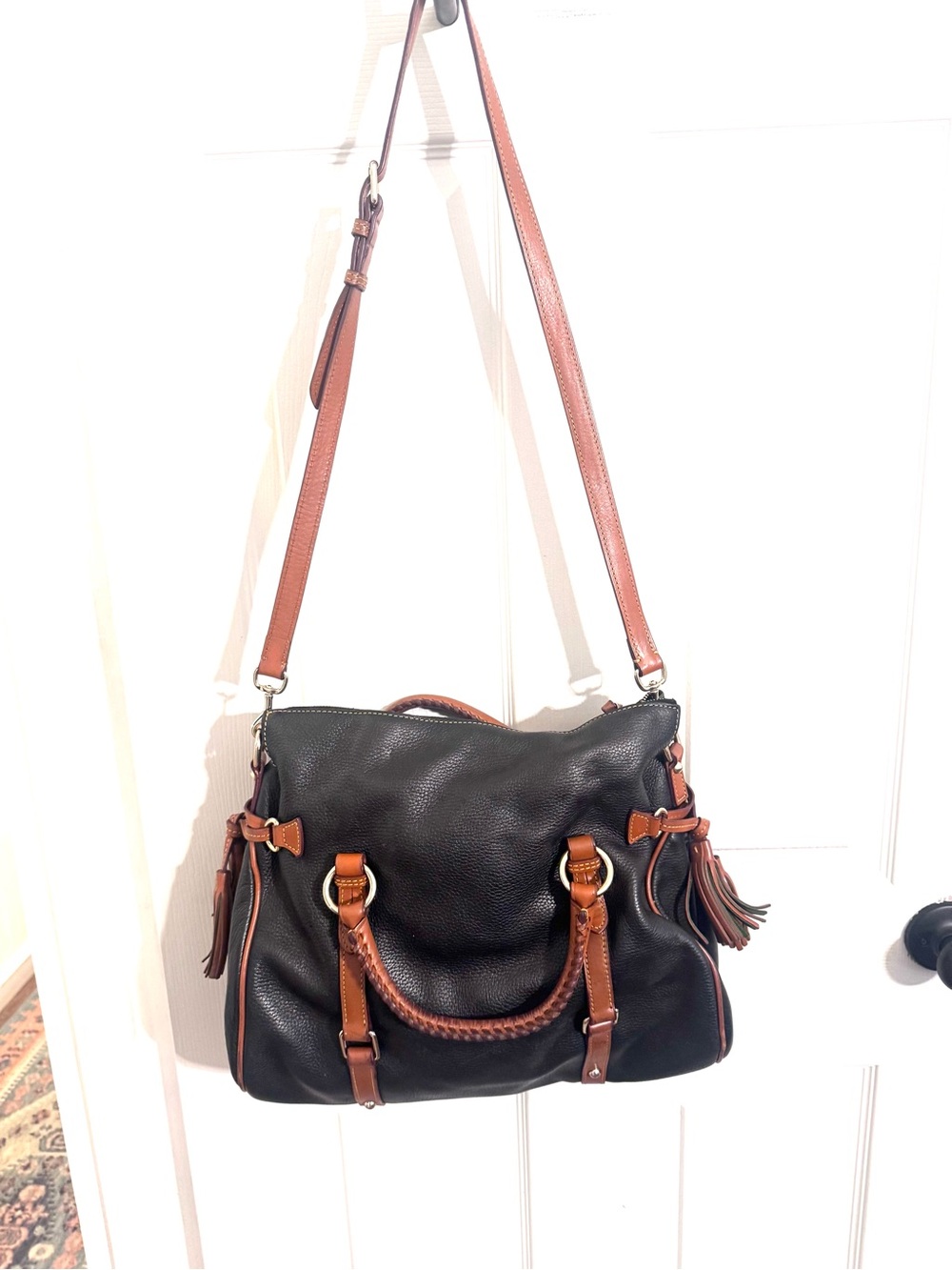 Dooney & Bourke Large Black Leather Satchel with Brown Trim - Picture 6 of 12